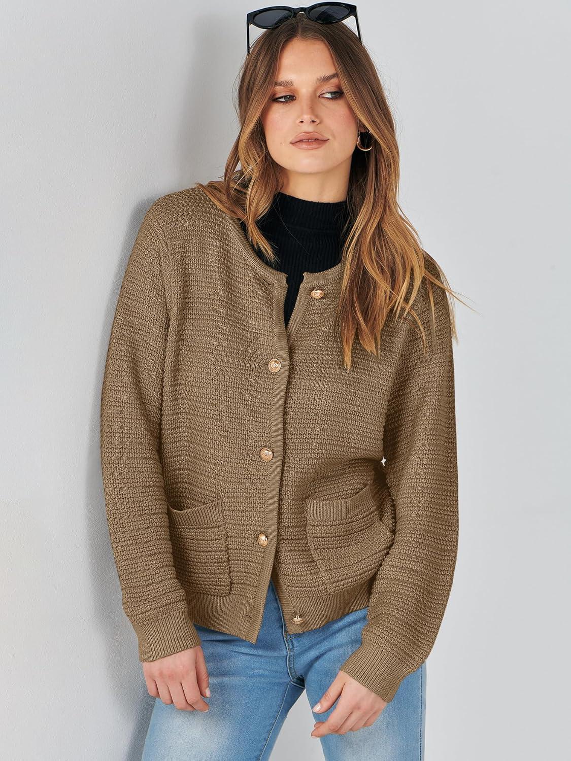 imageANRABESS Womens Cardigan Sweater Long Sleeve Button Down Lady Tweed Knit Jackets 2025 Fall OutfitsDeep Khaki
