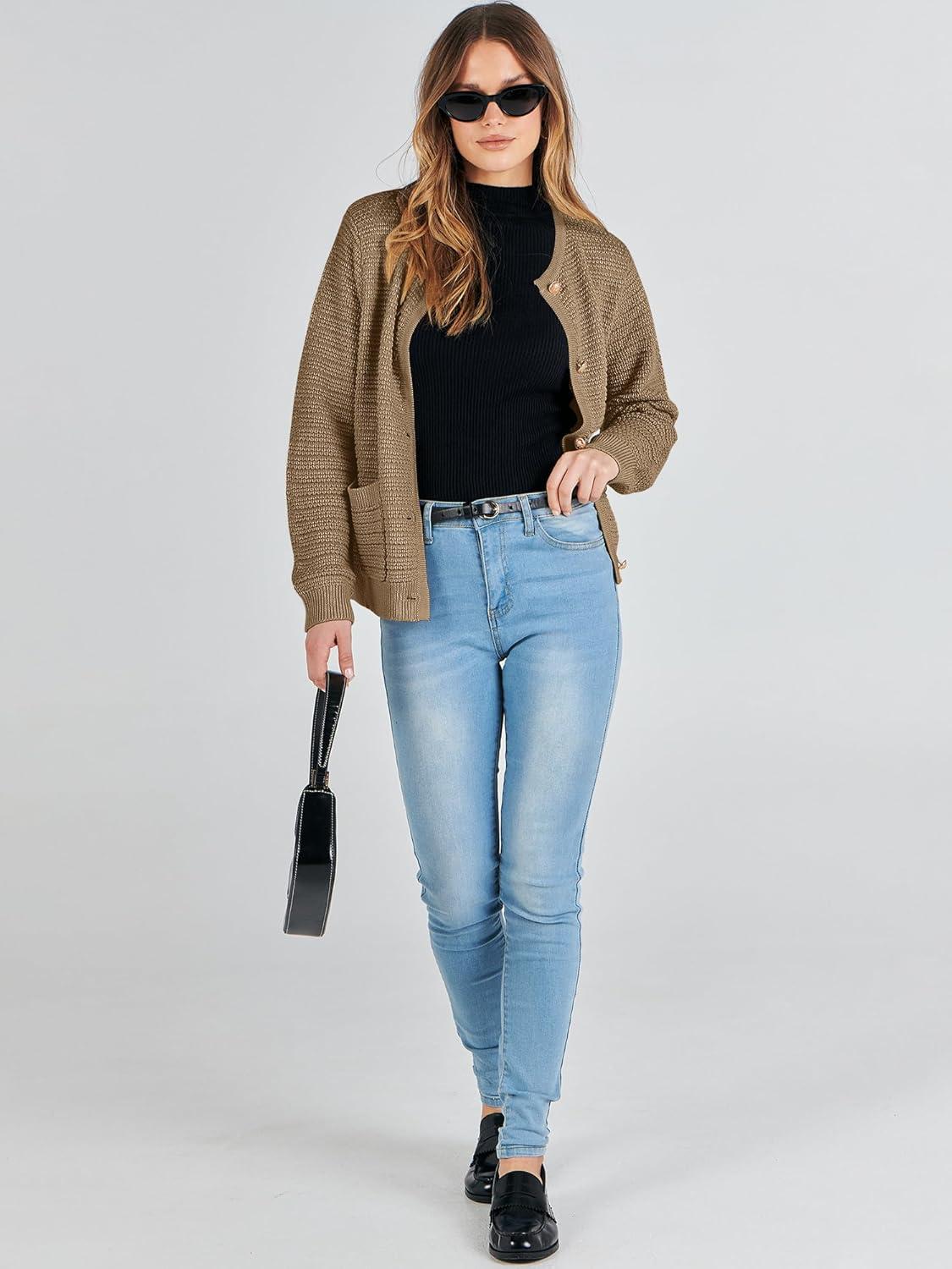 imageANRABESS Womens Cardigan Sweater Long Sleeve Button Down Lady Tweed Knit Jackets 2025 Fall OutfitsDeep Khaki