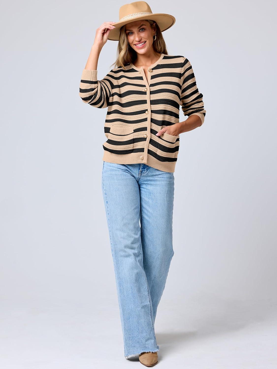 imageANRABESS Womens Cardigan Sweater Long Sleeve Button Down Lady Tweed Knit Jackets 2025 Fall OutfitsKhaki Black Strip