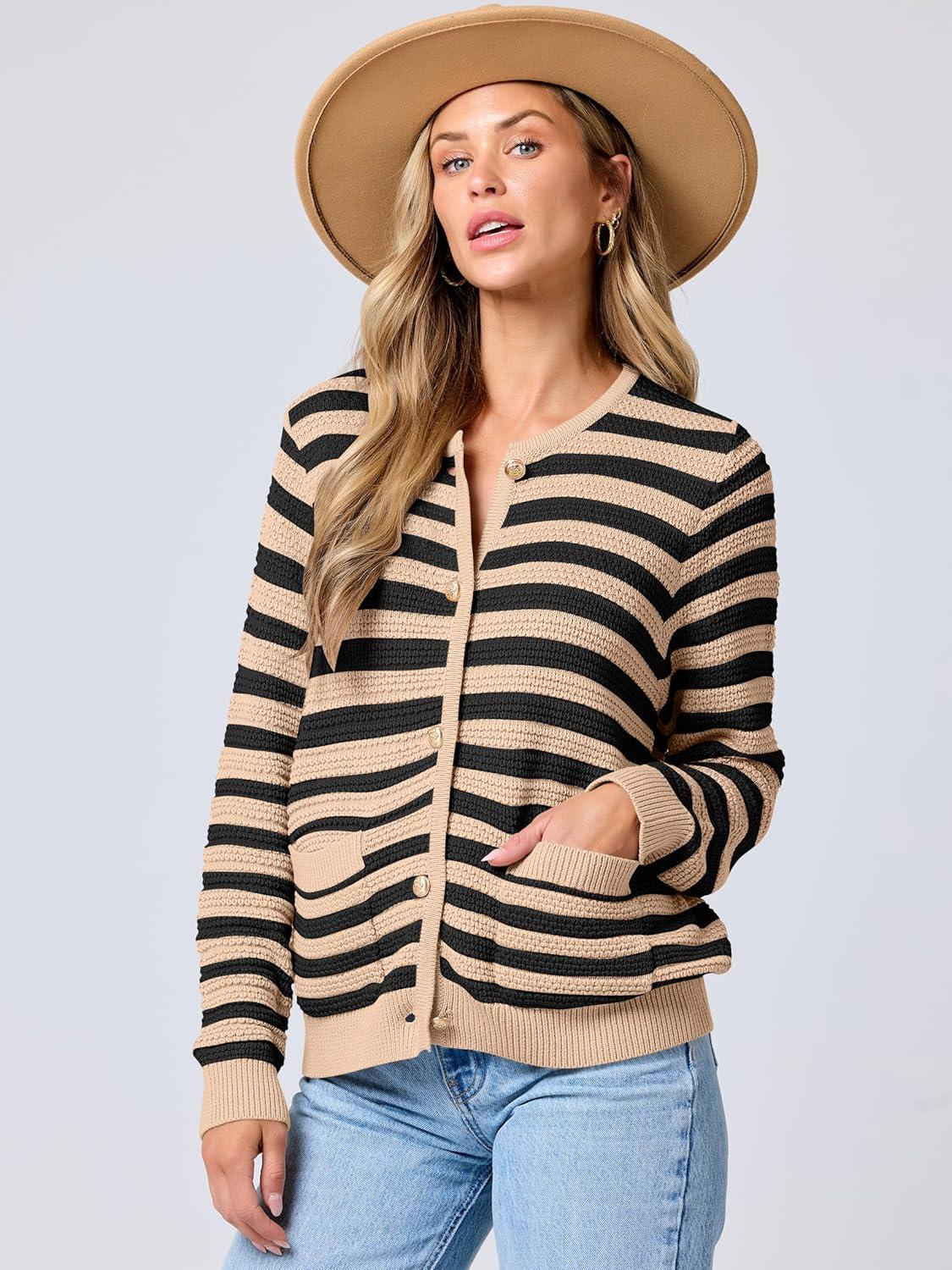 imageANRABESS Womens Cardigan Sweater Long Sleeve Button Down Lady Tweed Knit Jackets 2025 Fall OutfitsKhaki Black Strip