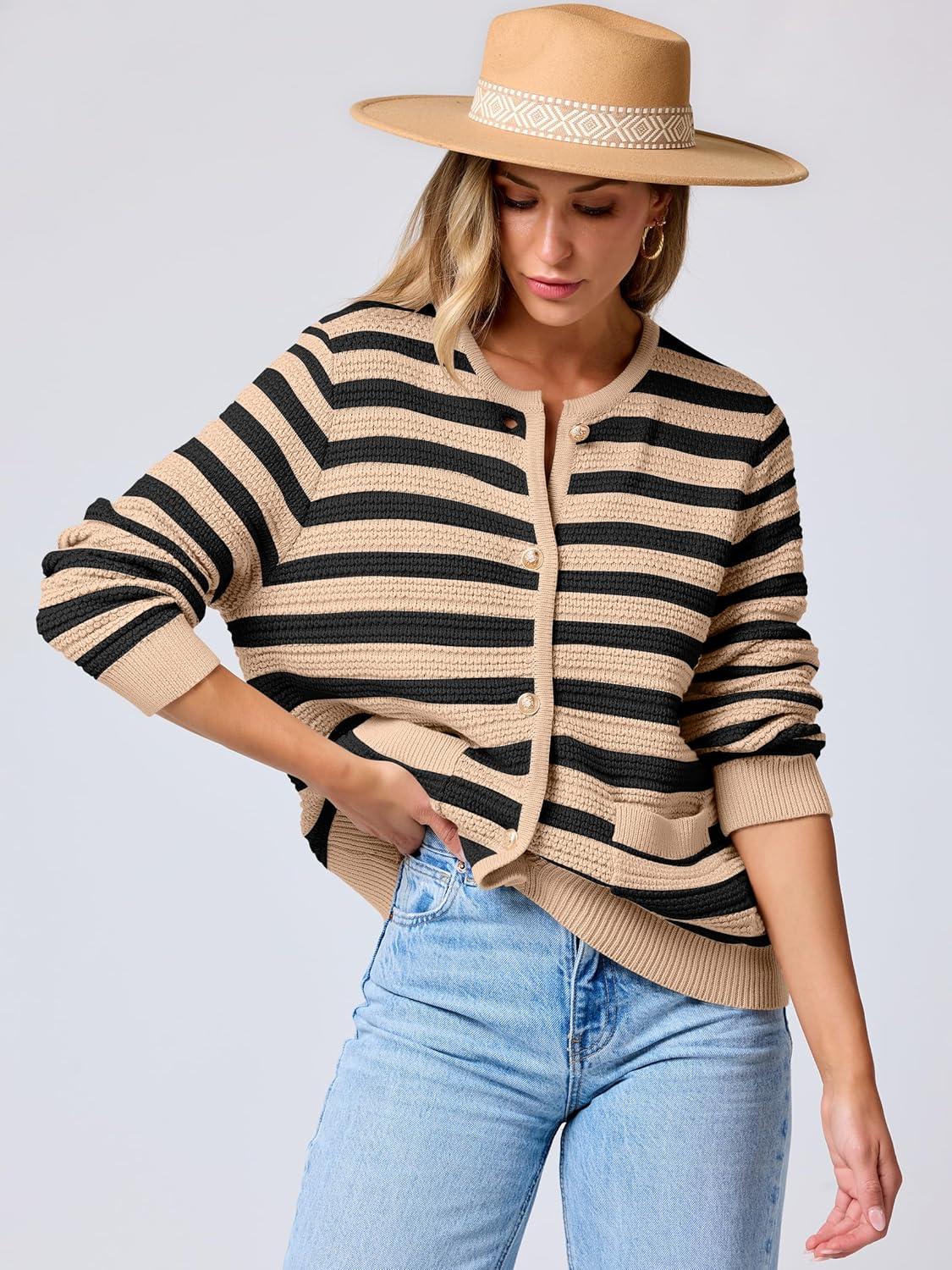 imageANRABESS Womens Cardigan Sweater Long Sleeve Button Down Lady Tweed Knit Jackets 2025 Fall OutfitsKhaki Black Strip