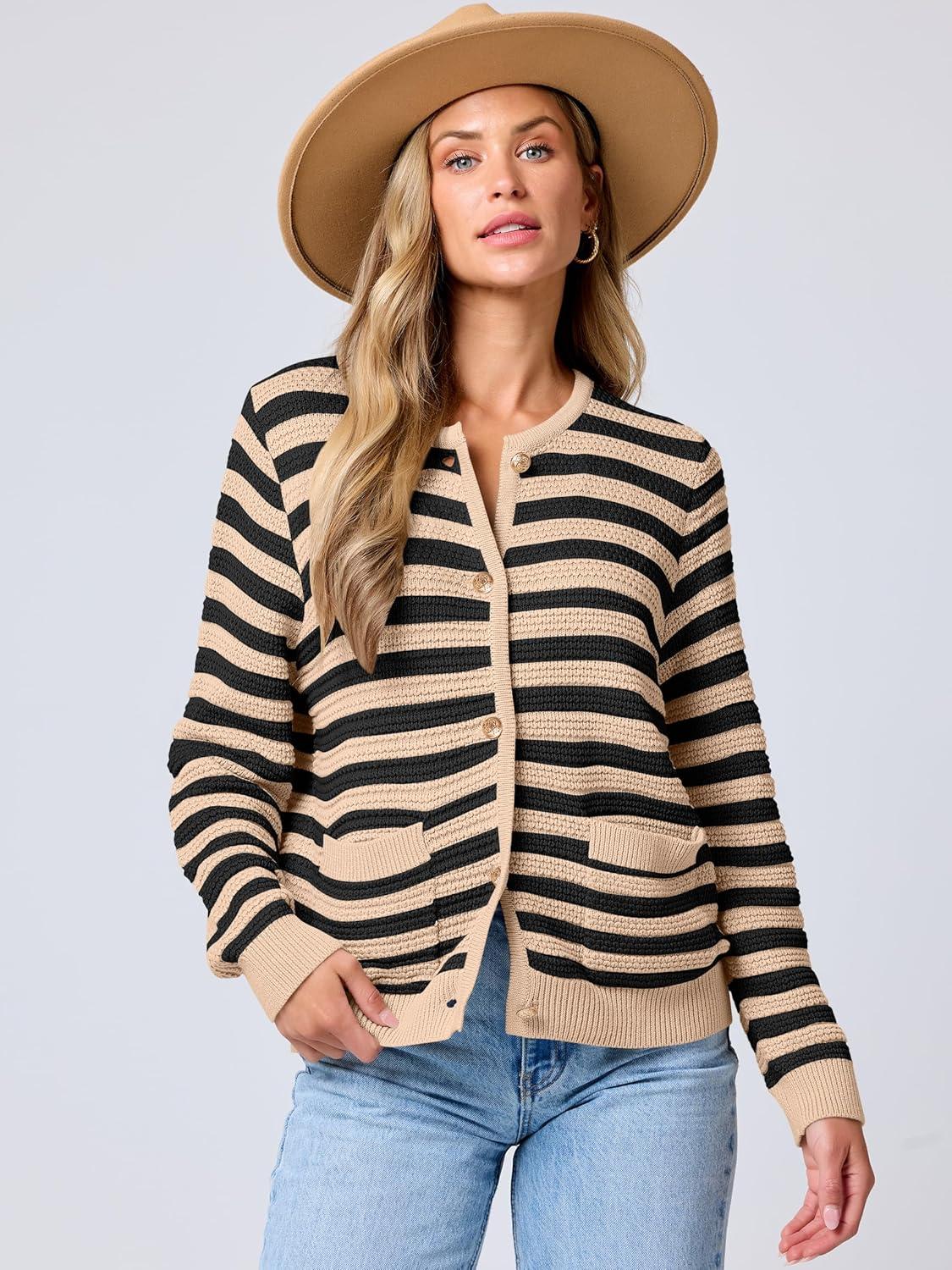 imageANRABESS Womens Cardigan Sweater Long Sleeve Button Down Lady Tweed Knit Jackets 2025 Fall OutfitsKhaki Black Strip