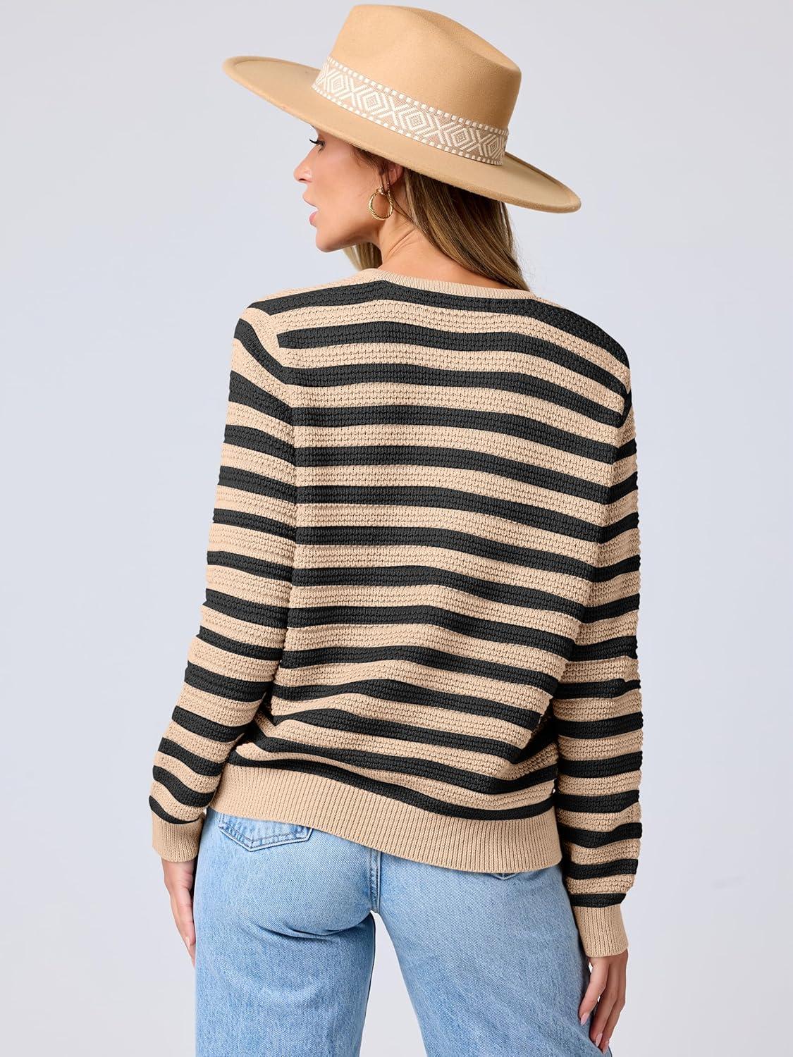 imageANRABESS Womens Cardigan Sweater Long Sleeve Button Down Lady Tweed Knit Jackets 2025 Fall OutfitsKhaki Black Strip