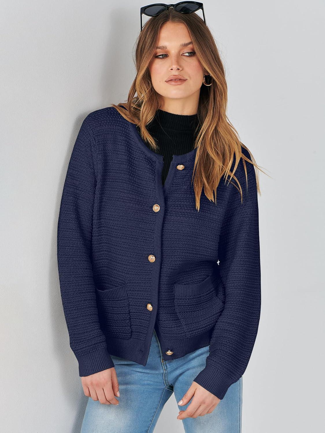 imageANRABESS Womens Cardigan Sweater Long Sleeve Button Down Lady Tweed Knit Jackets 2025 Fall OutfitsNavy Blue