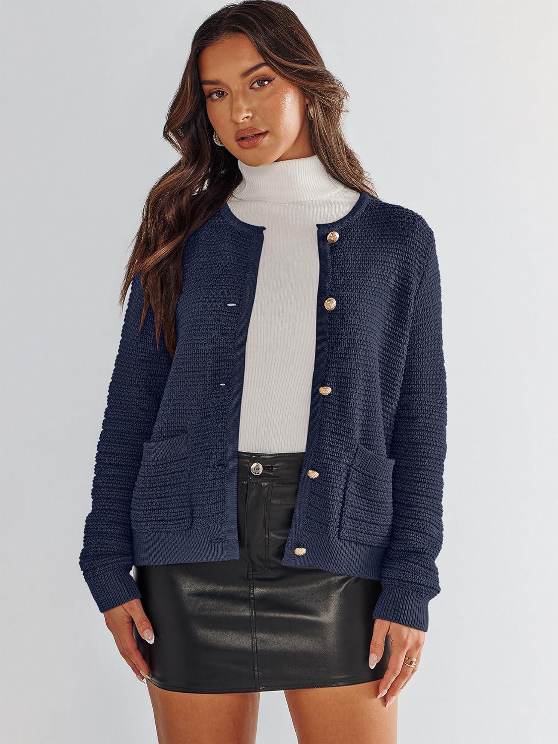 imageANRABESS Womens Cardigan Sweater Long Sleeve Button Down Lady Tweed Knit Jackets 2025 Fall OutfitsNavy Blue