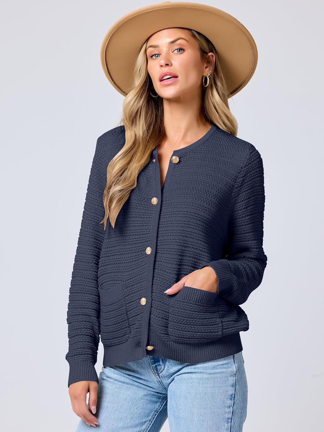 imageANRABESS Womens Cardigan Sweater Long Sleeve Button Down Lady Tweed Knit Jackets 2025 Fall OutfitsNavy Blue