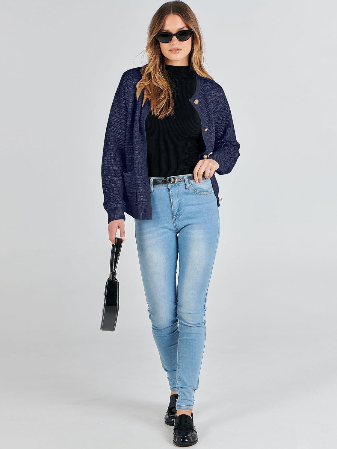 imageANRABESS Womens Cardigan Sweater Long Sleeve Button Down Lady Tweed Knit Jackets 2025 Fall OutfitsNavy Blue