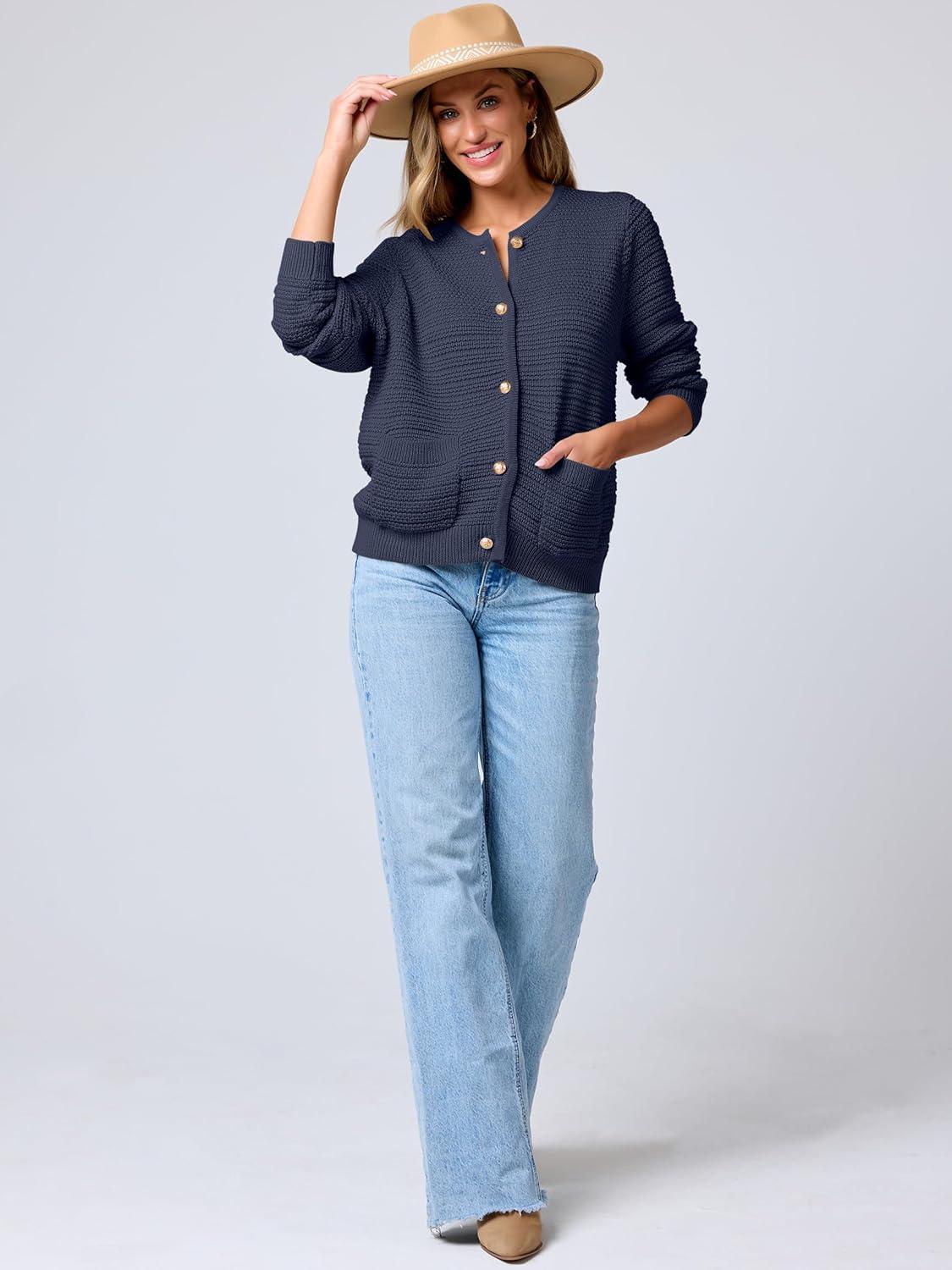 imageANRABESS Womens Cardigan Sweater Long Sleeve Button Down Lady Tweed Knit Jackets 2025 Fall OutfitsNavy Blue