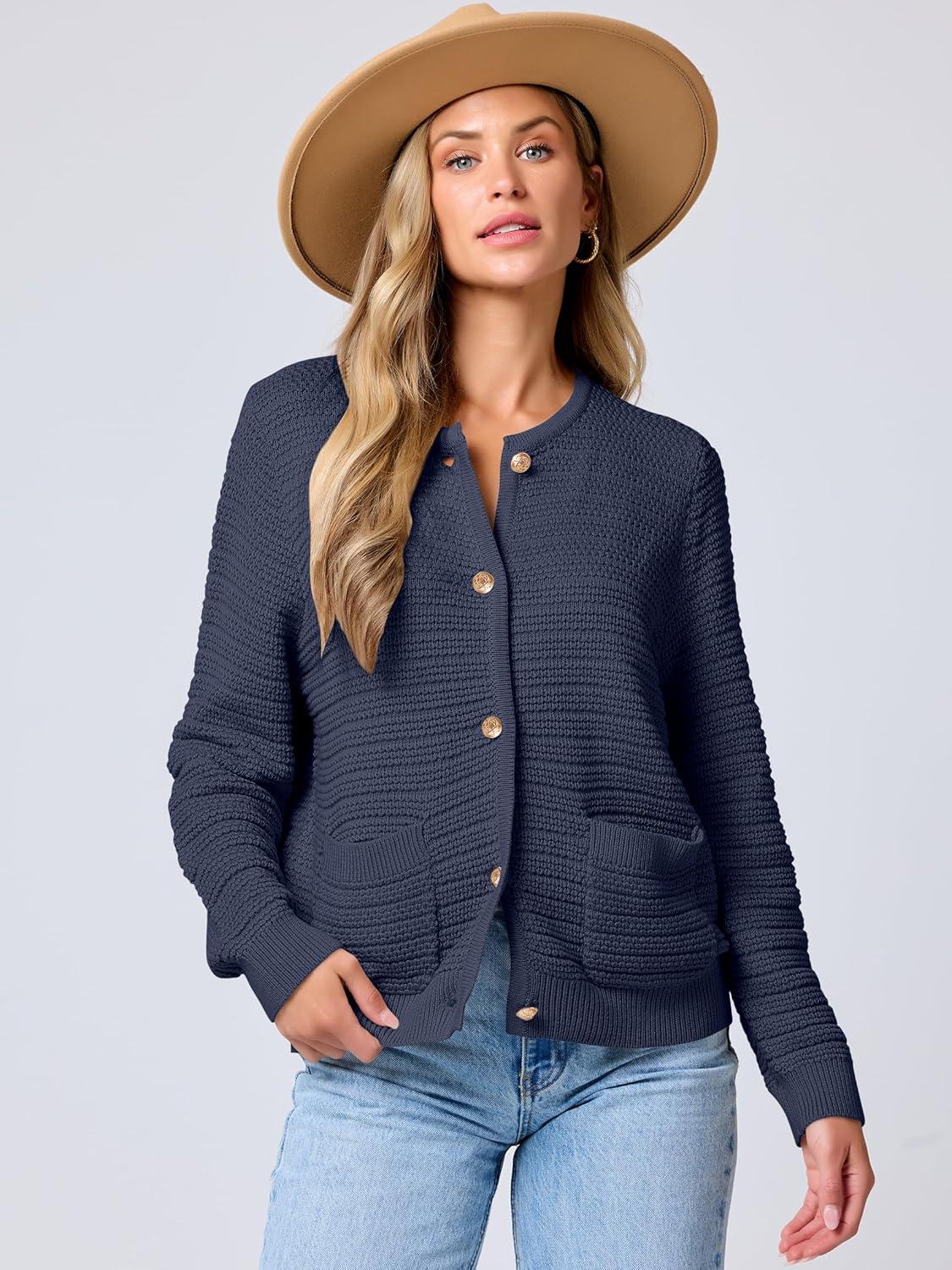 imageANRABESS Womens Cardigan Sweater Long Sleeve Button Down Lady Tweed Knit Jackets 2025 Fall OutfitsNavy Blue