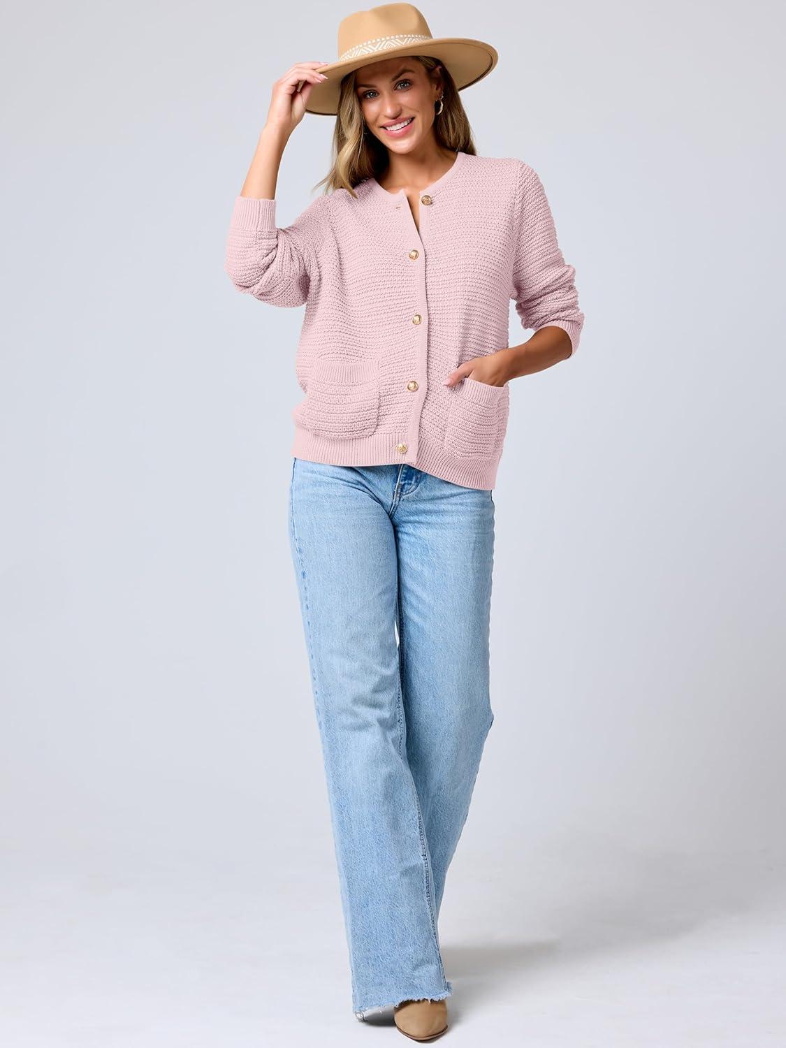 imageANRABESS Womens Cardigan Sweater Long Sleeve Button Down Lady Tweed Knit Jackets 2025 Fall OutfitsPink