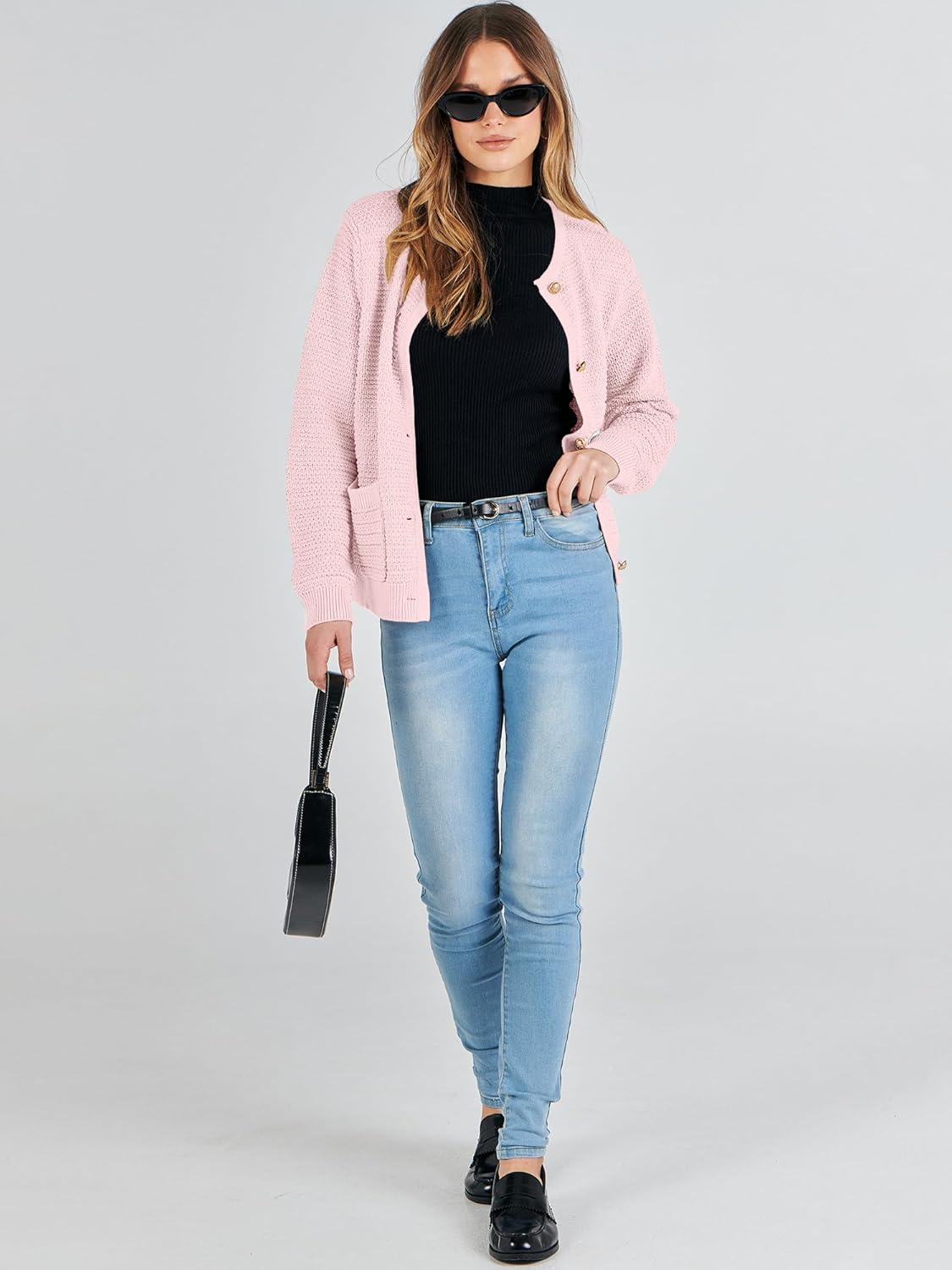 imageANRABESS Womens Cardigan Sweater Long Sleeve Button Down Lady Tweed Knit Jackets 2025 Fall OutfitsPink