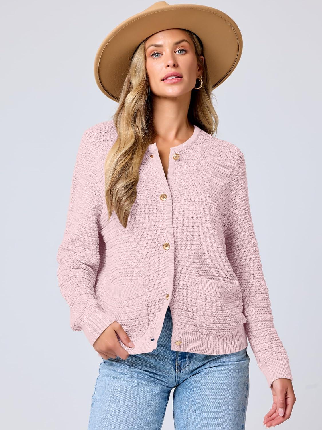 imageANRABESS Womens Cardigan Sweater Long Sleeve Button Down Lady Tweed Knit Jackets 2025 Fall OutfitsPink