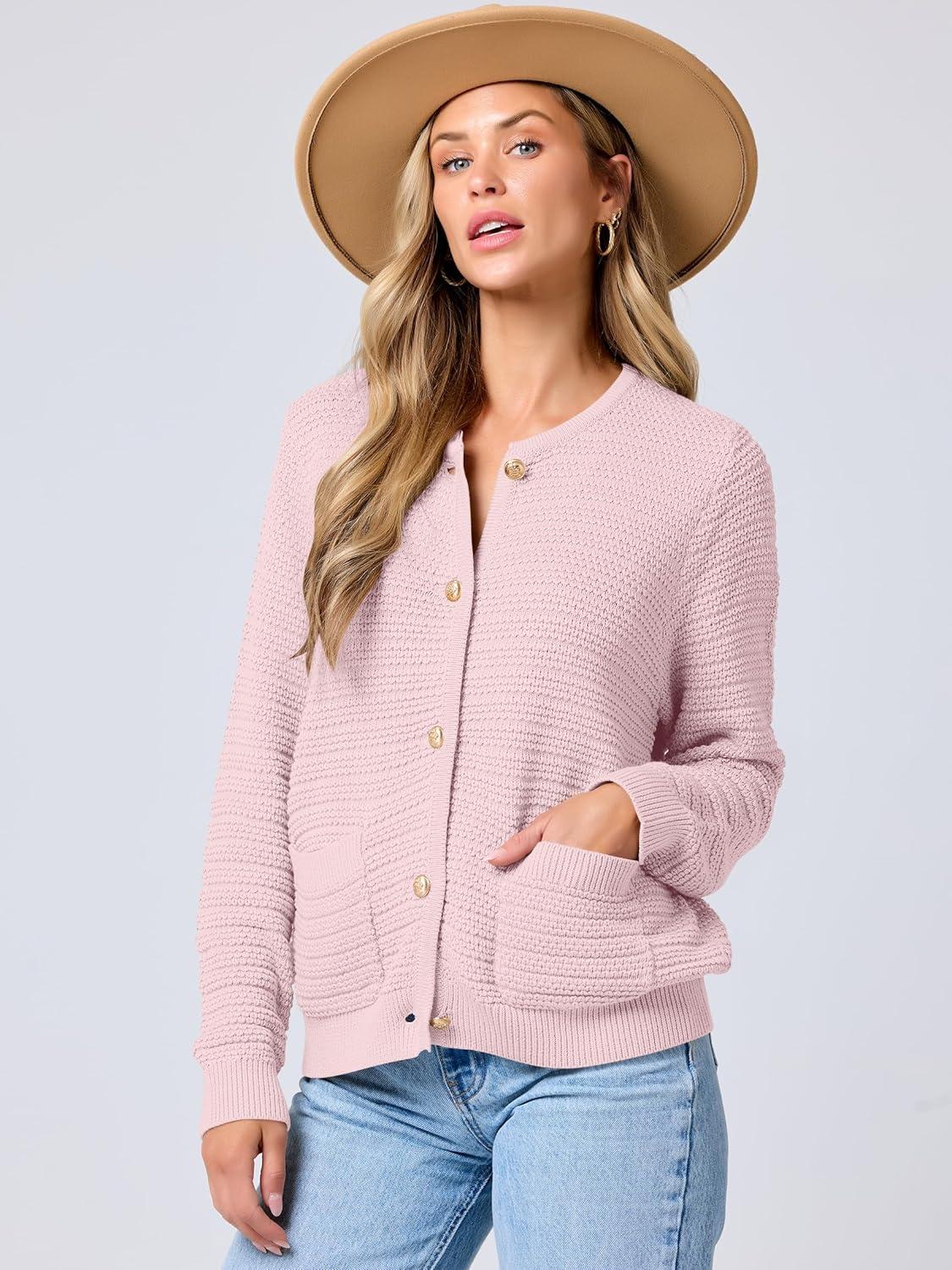 imageANRABESS Womens Cardigan Sweater Long Sleeve Button Down Lady Tweed Knit Jackets 2025 Fall OutfitsPink