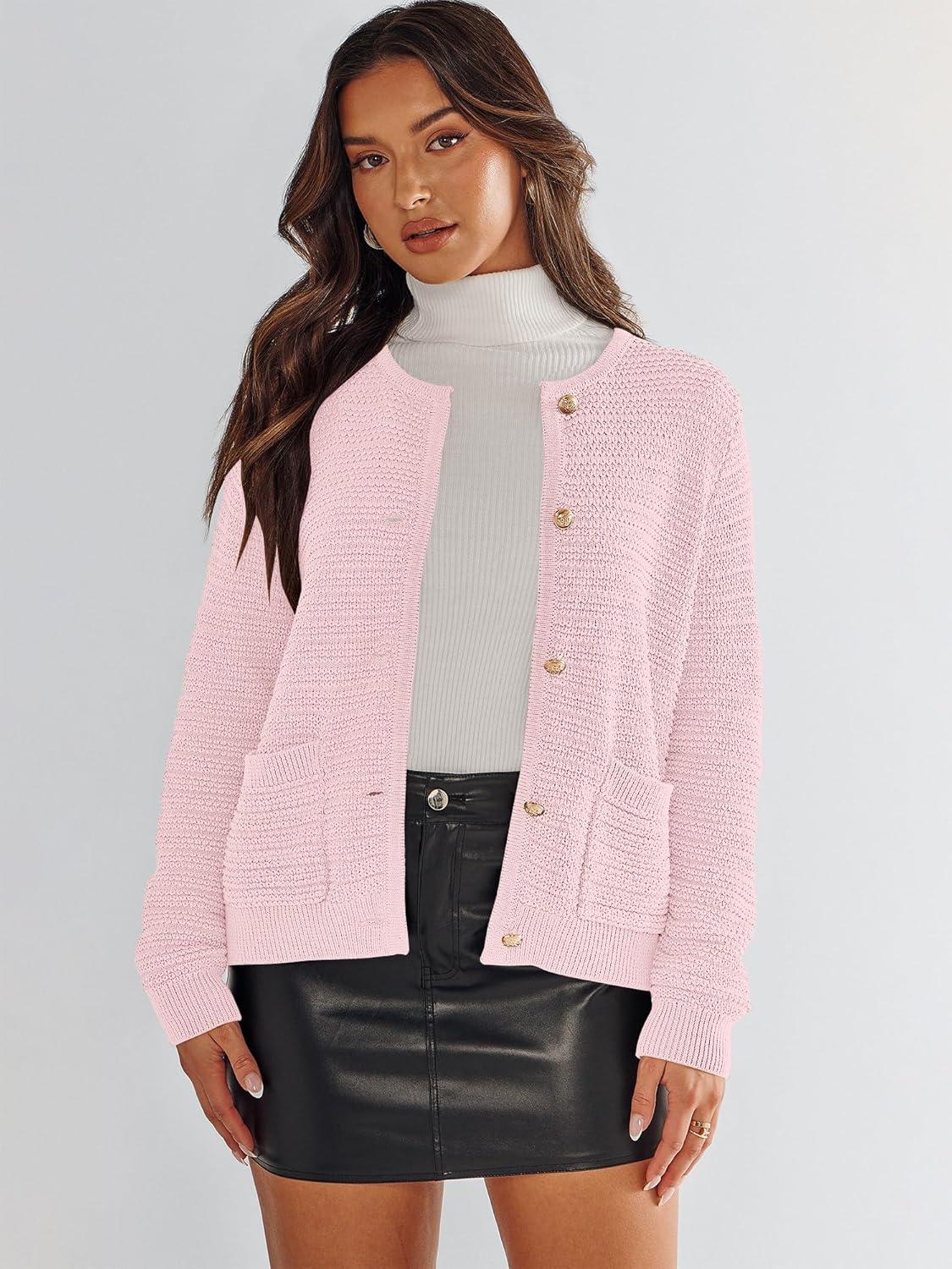 imageANRABESS Womens Cardigan Sweater Long Sleeve Button Down Lady Tweed Knit Jackets 2025 Fall OutfitsPink