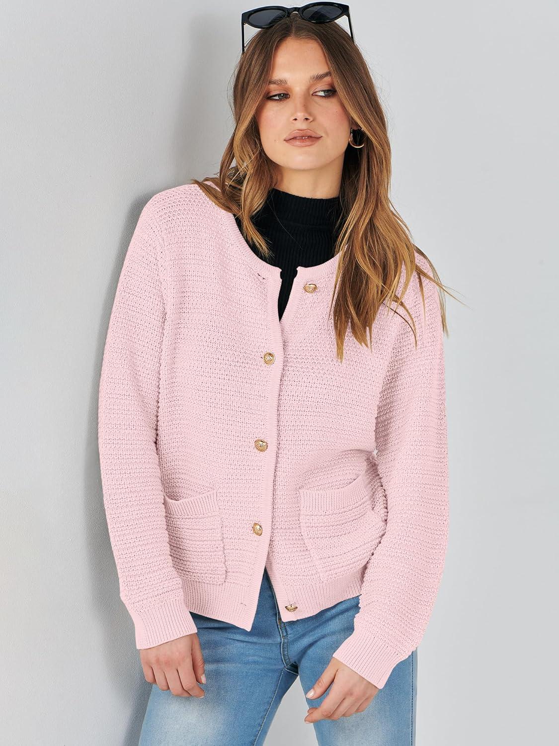 imageANRABESS Womens Cardigan Sweater Long Sleeve Button Down Lady Tweed Knit Jackets 2025 Fall OutfitsPink