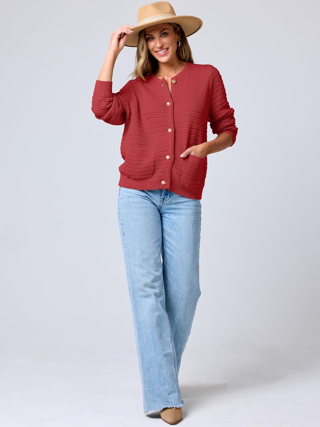 imageANRABESS Womens Cardigan Sweater Long Sleeve Button Down Lady Tweed Knit Jackets 2025 Fall OutfitsRed