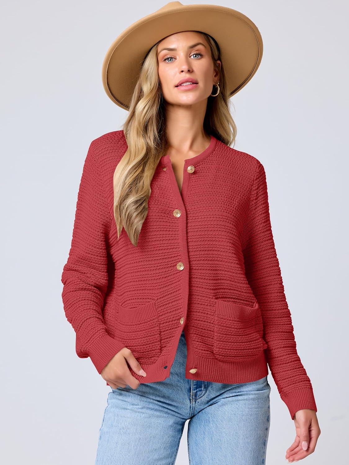 imageANRABESS Womens Cardigan Sweater Long Sleeve Button Down Lady Tweed Knit Jackets 2025 Fall OutfitsRed