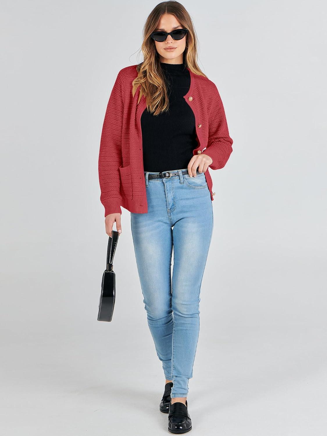 imageANRABESS Womens Cardigan Sweater Long Sleeve Button Down Lady Tweed Knit Jackets 2025 Fall OutfitsRed