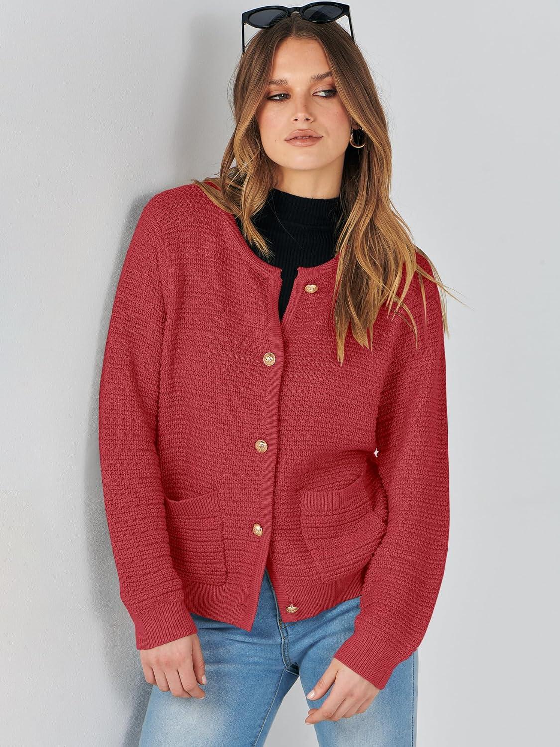 imageANRABESS Womens Cardigan Sweater Long Sleeve Button Down Lady Tweed Knit Jackets 2025 Fall OutfitsRed