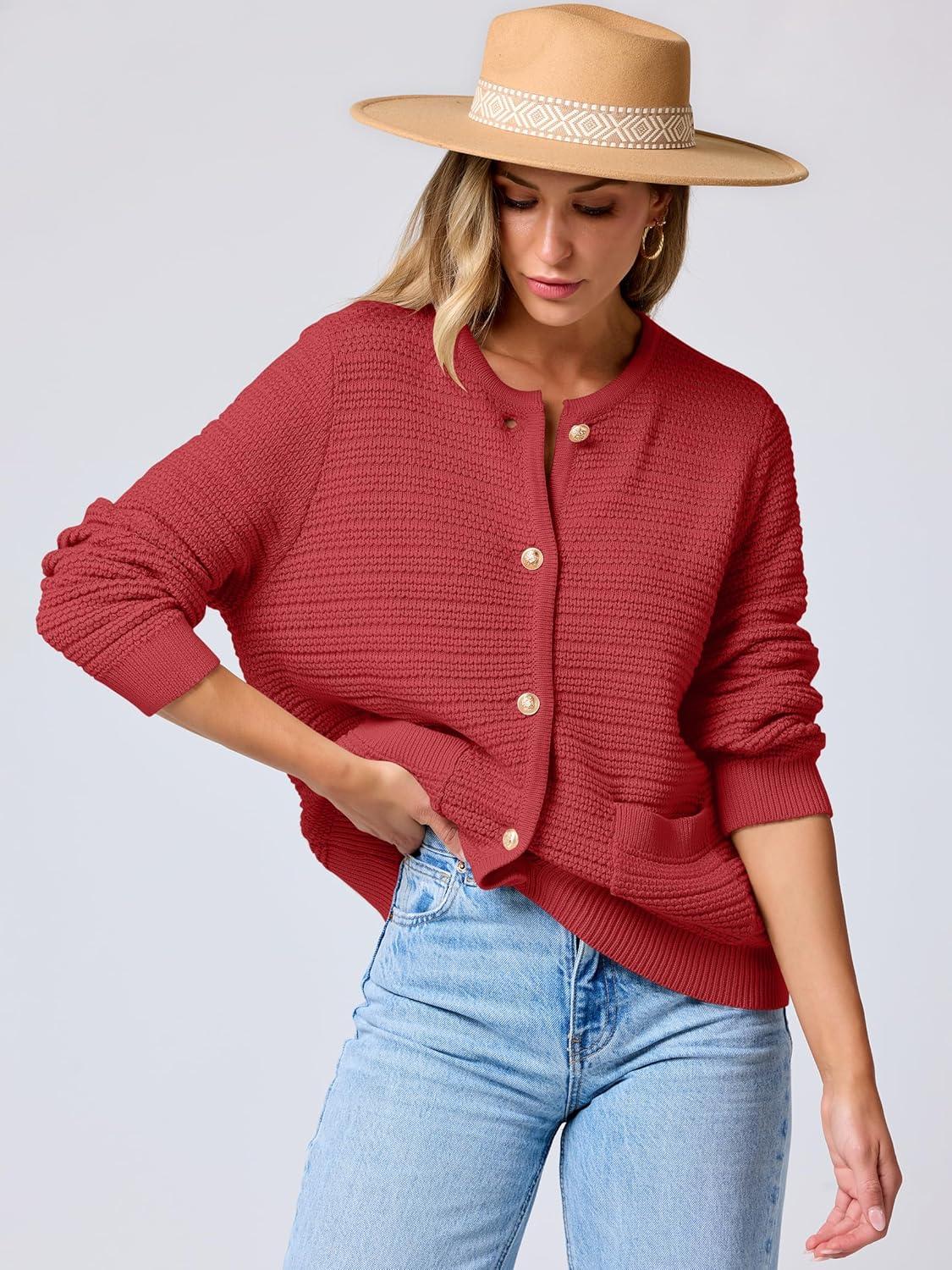 imageANRABESS Womens Cardigan Sweater Long Sleeve Button Down Lady Tweed Knit Jackets 2025 Fall OutfitsRed