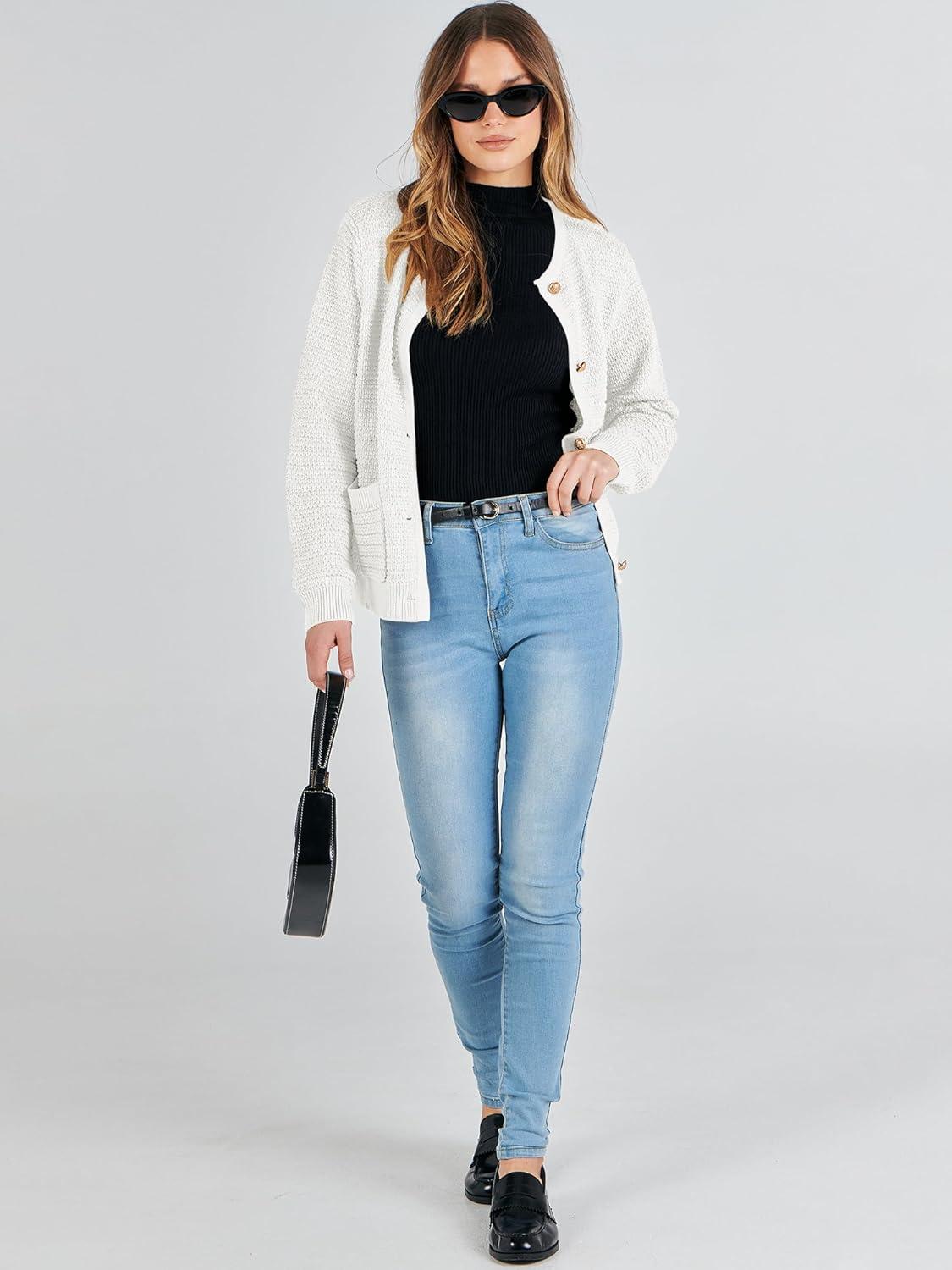 imageANRABESS Womens Cardigan Sweater Long Sleeve Button Down Lady Tweed Knit Jackets 2025 Fall OutfitsWhite