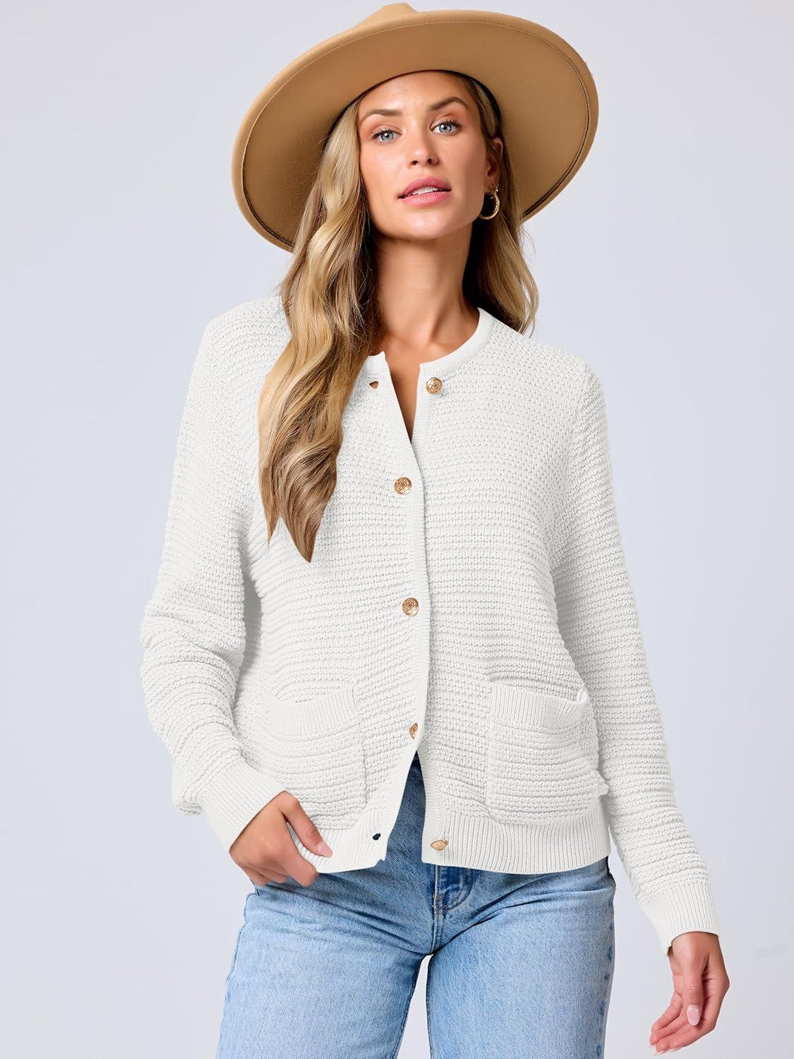 imageANRABESS Womens Cardigan Sweater Long Sleeve Button Down Lady Tweed Knit Jackets 2025 Fall OutfitsWhite