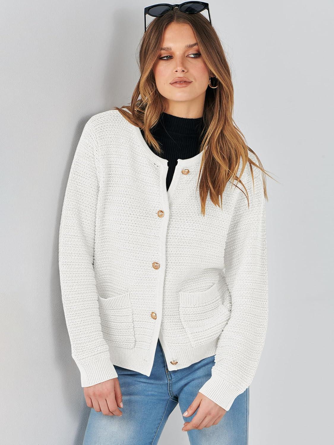 imageANRABESS Womens Cardigan Sweater Long Sleeve Button Down Lady Tweed Knit Jackets 2025 Fall OutfitsWhite