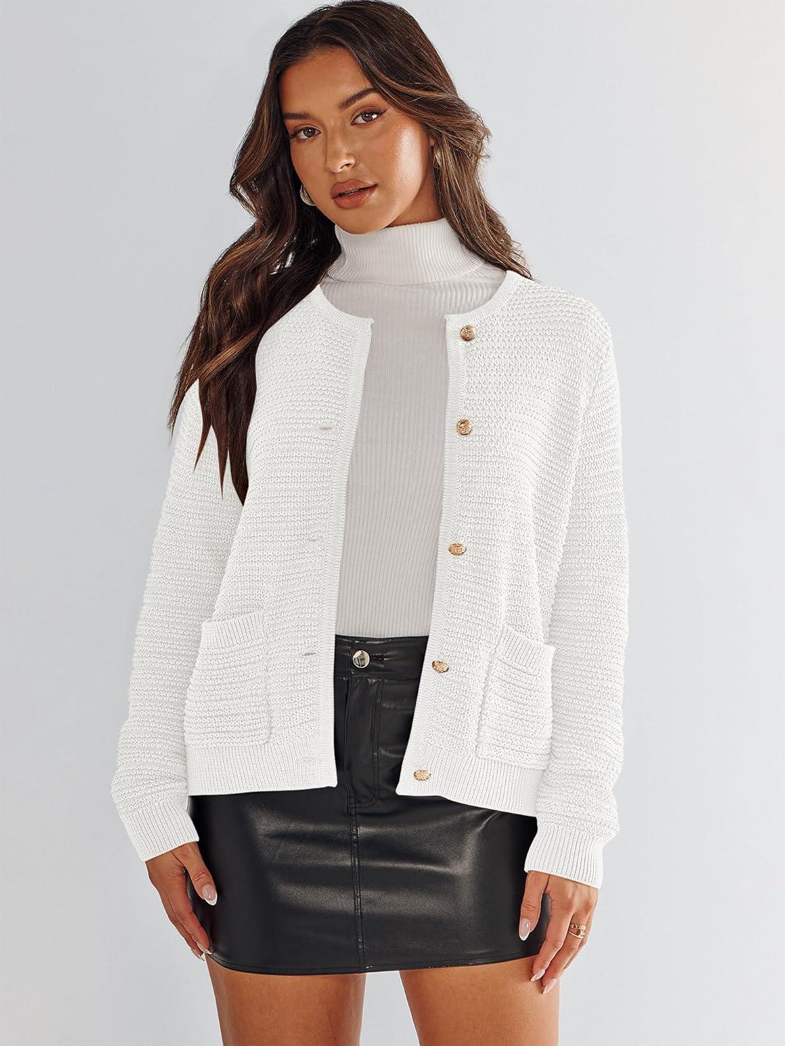 imageANRABESS Womens Cardigan Sweater Long Sleeve Button Down Lady Tweed Knit Jackets 2025 Fall OutfitsWhite