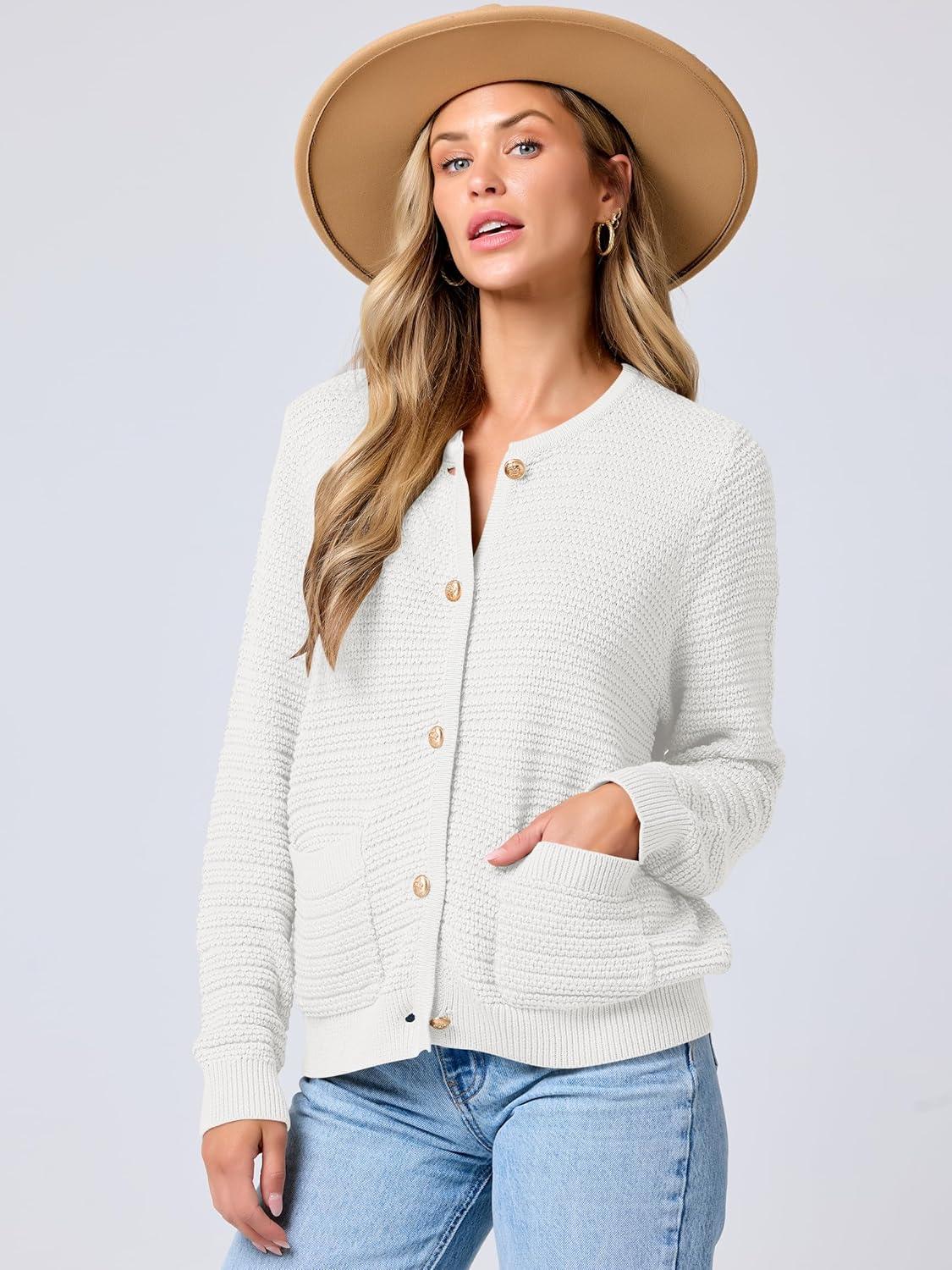 imageANRABESS Womens Cardigan Sweater Long Sleeve Button Down Lady Tweed Knit Jackets 2025 Fall OutfitsWhite