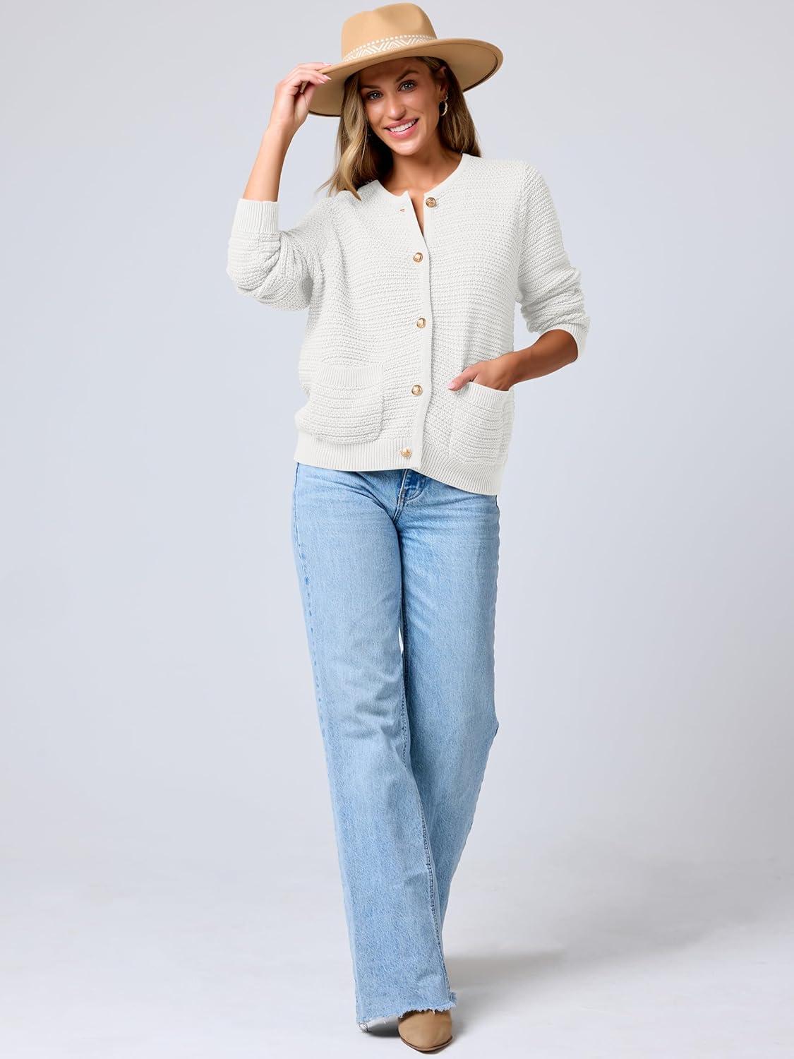 imageANRABESS Womens Cardigan Sweater Long Sleeve Button Down Lady Tweed Knit Jackets 2025 Fall OutfitsWhite