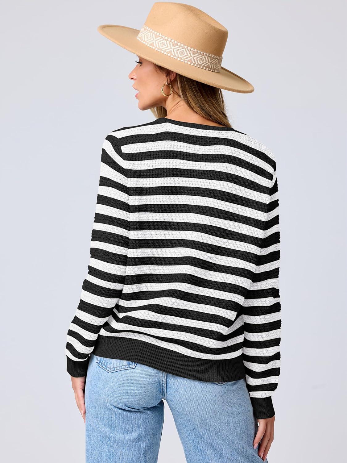 imageANRABESS Womens Cardigan Sweater Long Sleeve Button Down Lady Tweed Knit Jackets 2025 Fall OutfitsWhite Black Strip