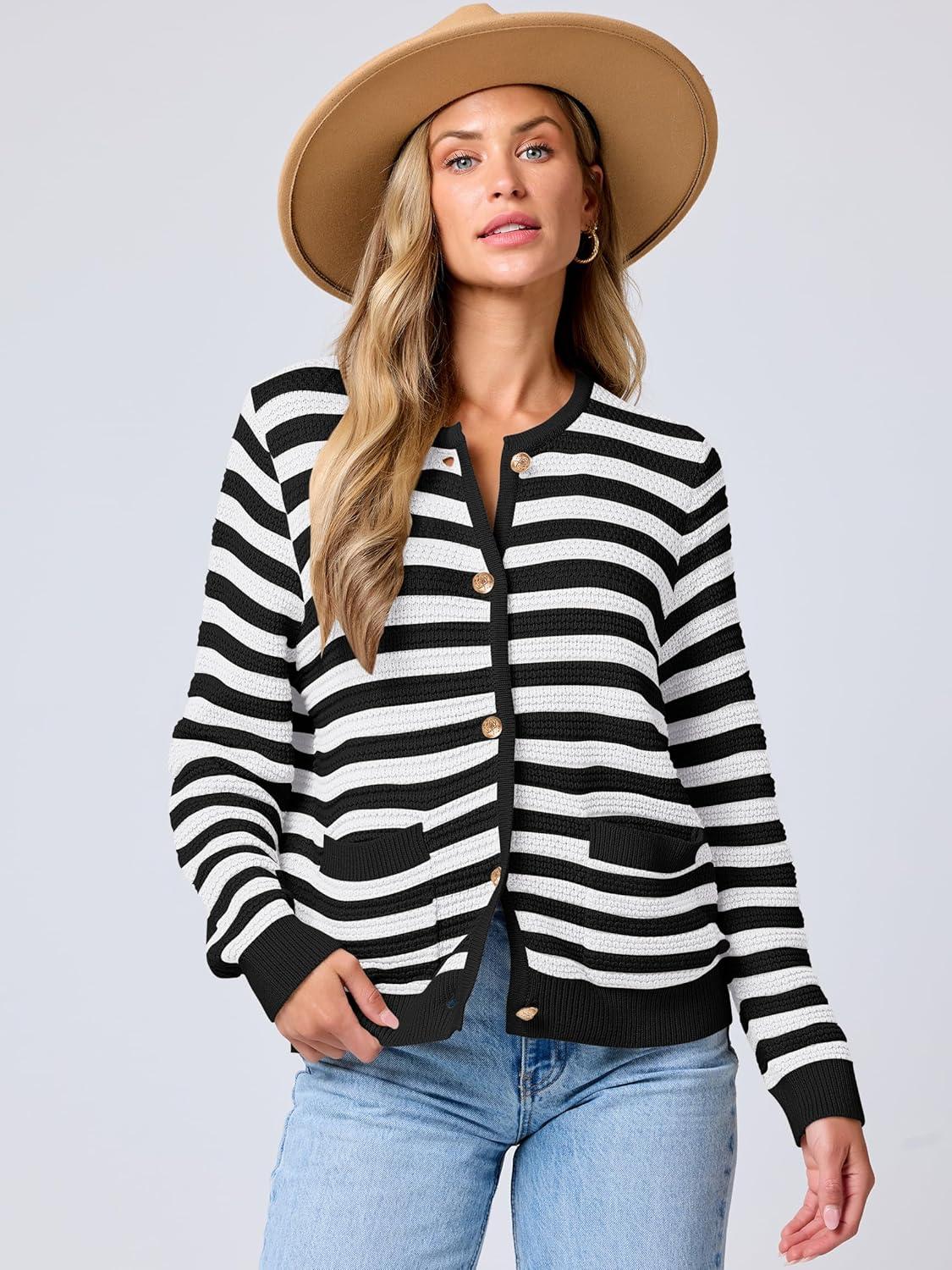 imageANRABESS Womens Cardigan Sweater Long Sleeve Button Down Lady Tweed Knit Jackets 2025 Fall OutfitsWhite Black Strip