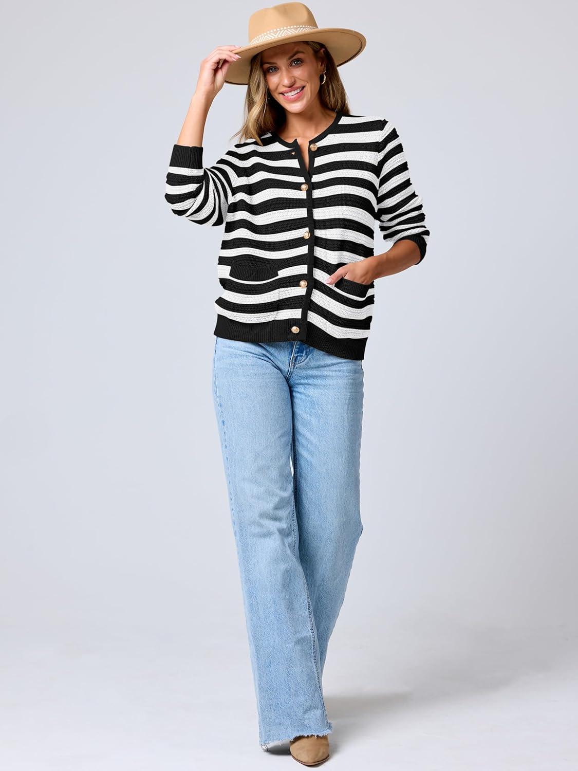 imageANRABESS Womens Cardigan Sweater Long Sleeve Button Down Lady Tweed Knit Jackets 2025 Fall OutfitsWhite Black Strip