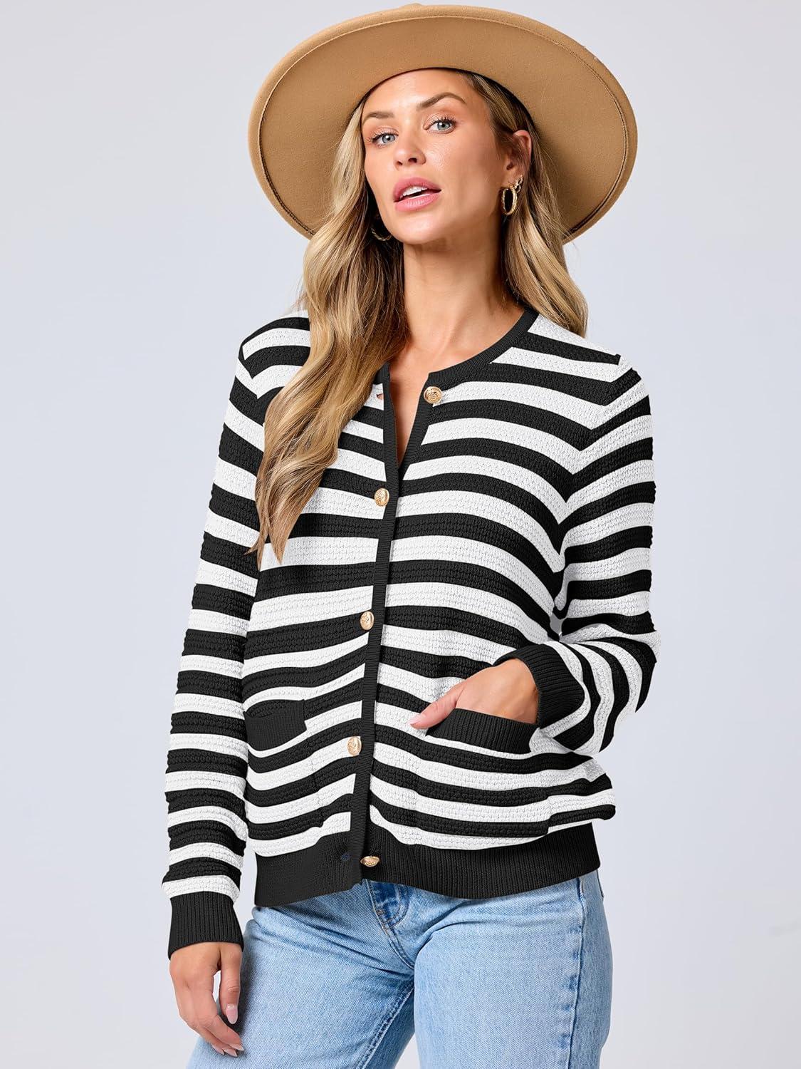 imageANRABESS Womens Cardigan Sweater Long Sleeve Button Down Lady Tweed Knit Jackets 2025 Fall OutfitsWhite Black Strip