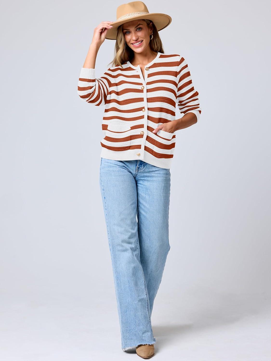 imageANRABESS Womens Cardigan Sweater Long Sleeve Button Down Lady Tweed Knit Jackets 2025 Fall OutfitsWhite Orange Strip