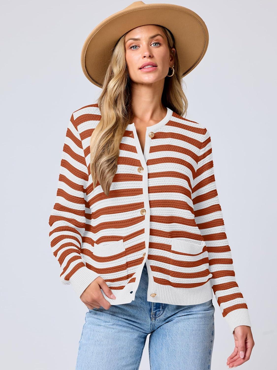 imageANRABESS Womens Cardigan Sweater Long Sleeve Button Down Lady Tweed Knit Jackets 2025 Fall OutfitsWhite Orange Strip
