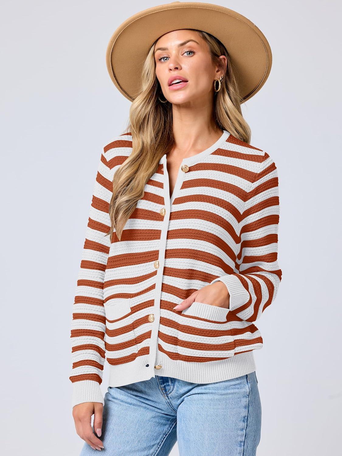 imageANRABESS Womens Cardigan Sweater Long Sleeve Button Down Lady Tweed Knit Jackets 2025 Fall OutfitsWhite Orange Strip