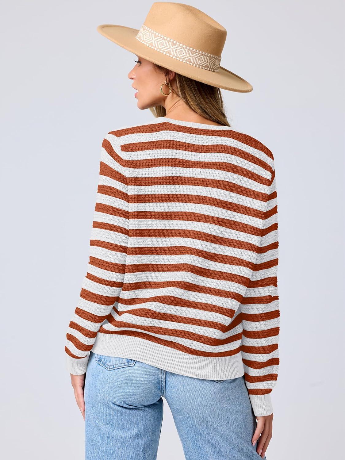 imageANRABESS Womens Cardigan Sweater Long Sleeve Button Down Lady Tweed Knit Jackets 2025 Fall OutfitsWhite Orange Strip