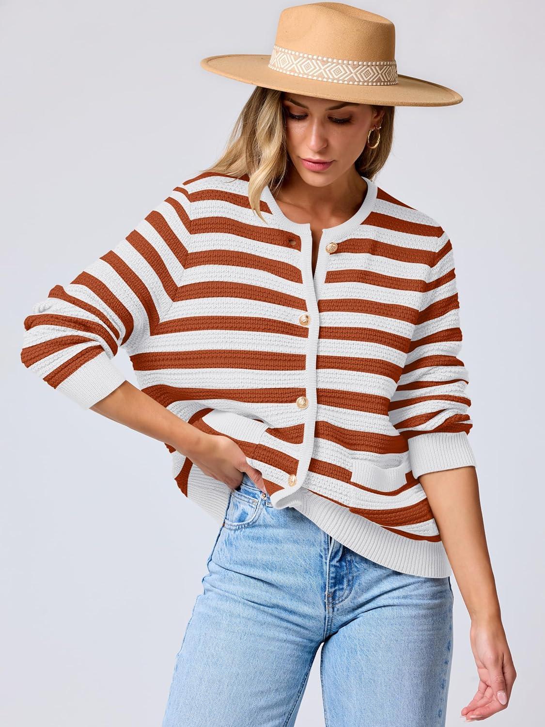 imageANRABESS Womens Cardigan Sweater Long Sleeve Button Down Lady Tweed Knit Jackets 2025 Fall OutfitsWhite Orange Strip