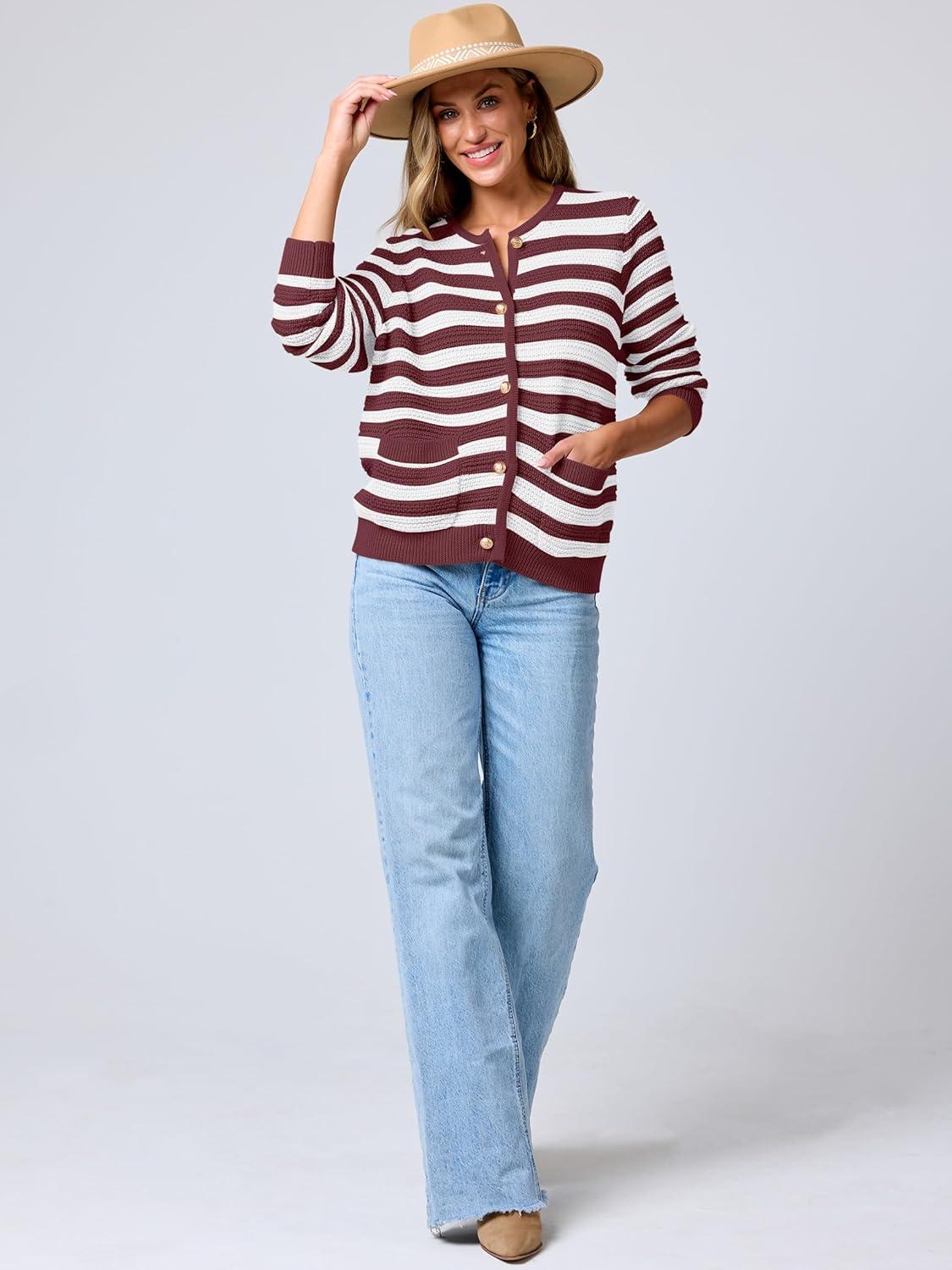 imageANRABESS Womens Cardigan Sweater Long Sleeve Button Down Lady Tweed Knit Jackets 2025 Fall OutfitsWhite Red Strip