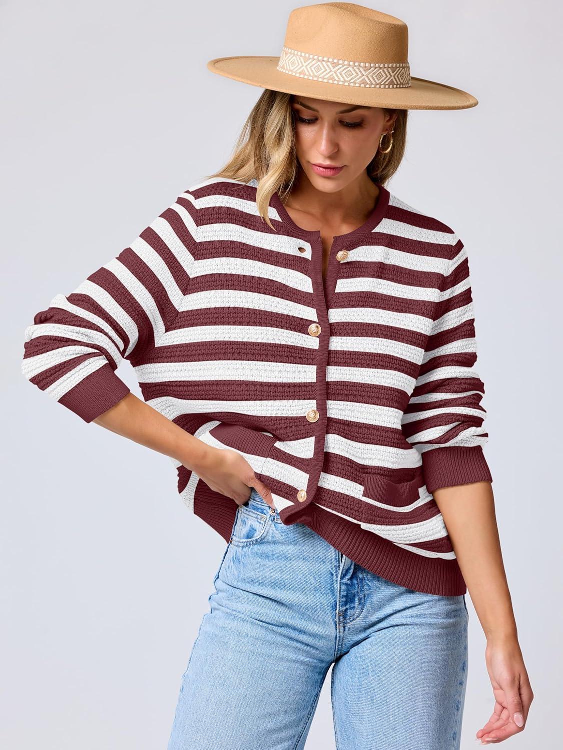 imageANRABESS Womens Cardigan Sweater Long Sleeve Button Down Lady Tweed Knit Jackets 2025 Fall OutfitsWhite Red Strip