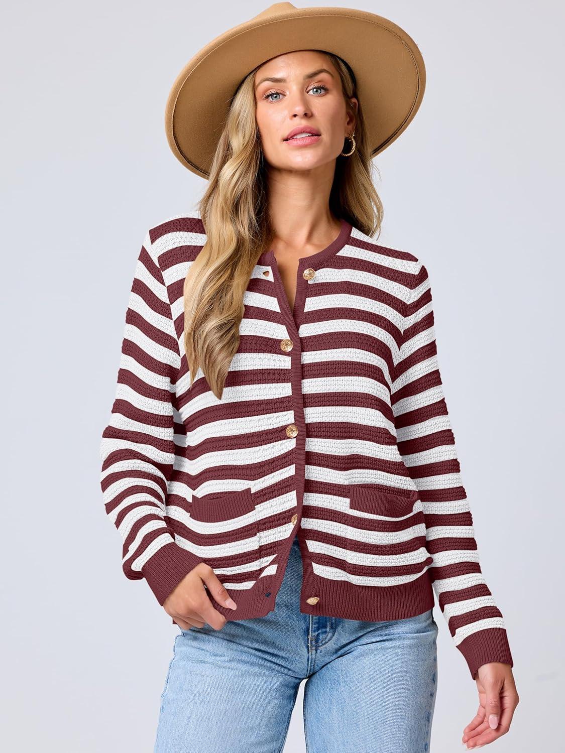 imageANRABESS Womens Cardigan Sweater Long Sleeve Button Down Lady Tweed Knit Jackets 2025 Fall OutfitsWhite Red Strip