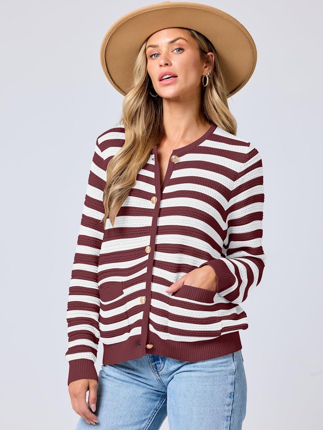 imageANRABESS Womens Cardigan Sweater Long Sleeve Button Down Lady Tweed Knit Jackets 2025 Fall OutfitsWhite Red Strip