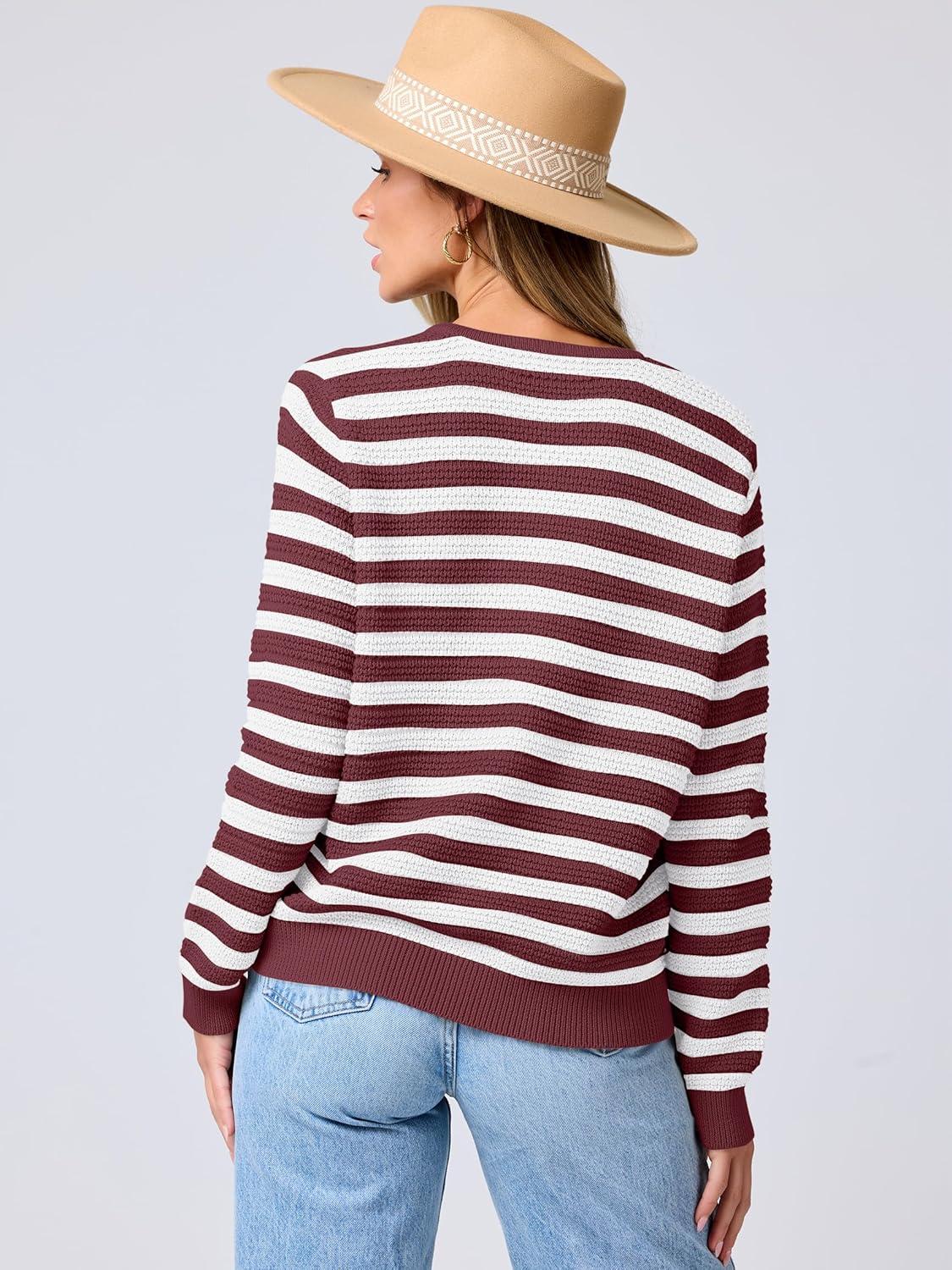 imageANRABESS Womens Cardigan Sweater Long Sleeve Button Down Lady Tweed Knit Jackets 2025 Fall OutfitsWhite Red Strip