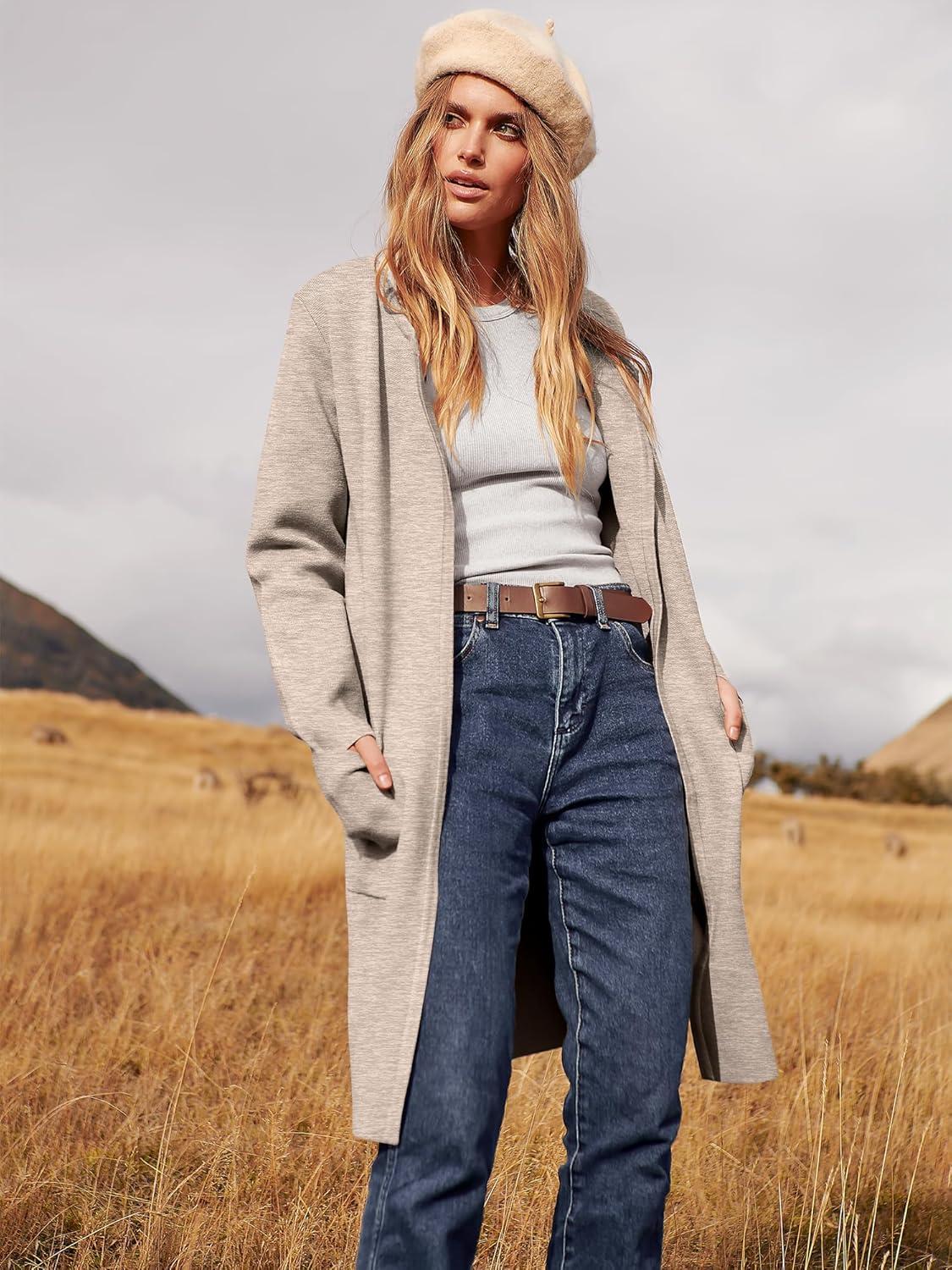 imageANRABESS Womens Cardigan Sweater Open Front Knit Long Coatigan Dressy Casual Jacket Coat 2025 Fall Outfits Classy ClothesApricort