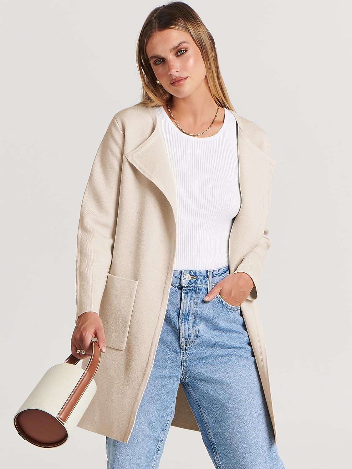 imageANRABESS Womens Cardigan Sweater Open Front Knit Long Coatigan Dressy Casual Jacket Coat 2025 Fall Outfits Classy ClothesBeige