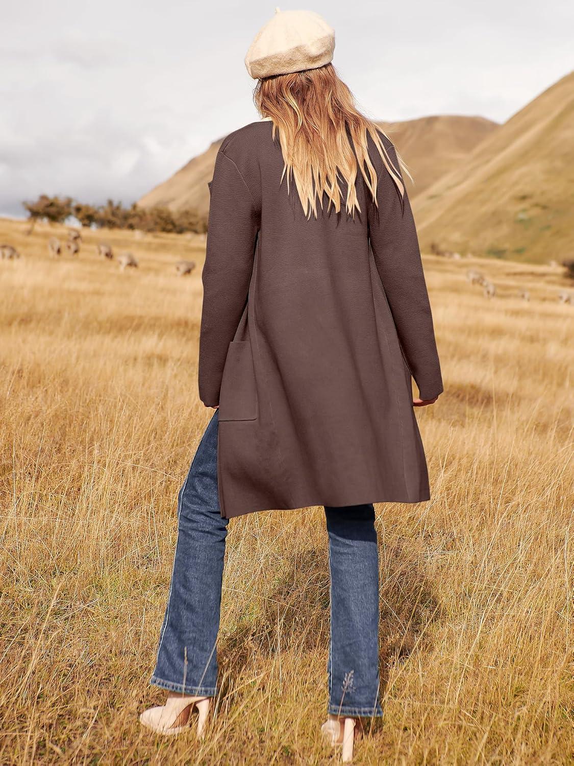 imageANRABESS Womens Cardigan Sweater Open Front Knit Long Coatigan Dressy Casual Jacket Coat 2025 Fall Outfits Classy ClothesBrown