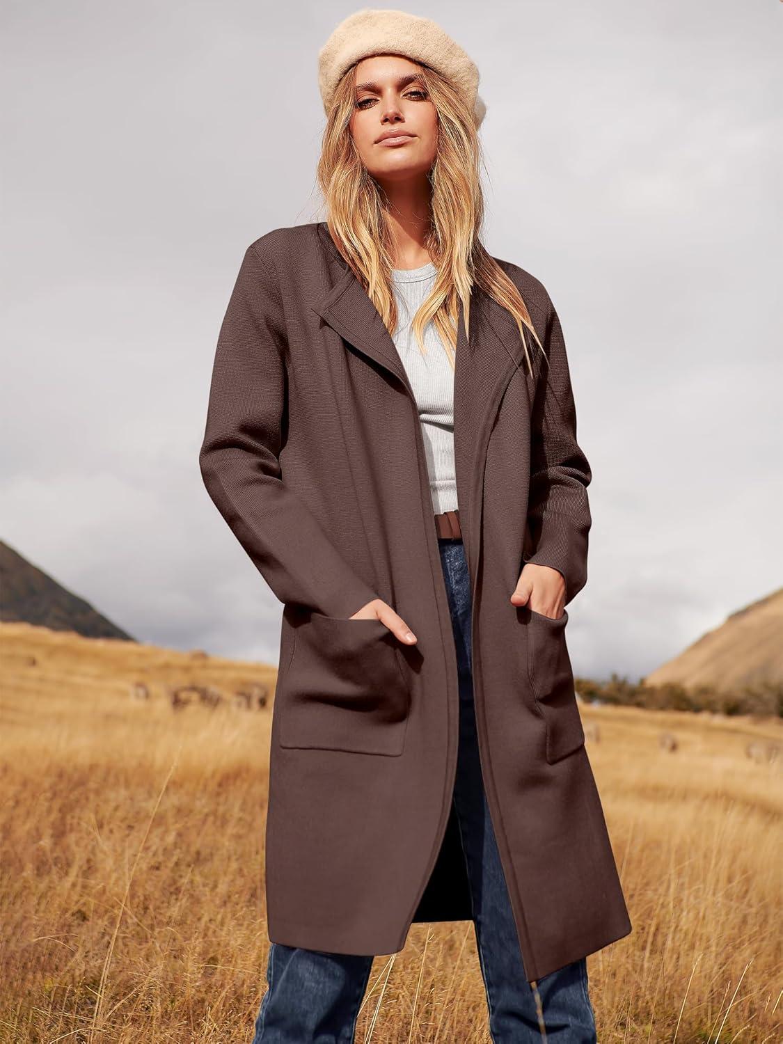 imageANRABESS Womens Cardigan Sweater Open Front Knit Long Coatigan Dressy Casual Jacket Coat 2025 Fall Outfits Classy ClothesBrown