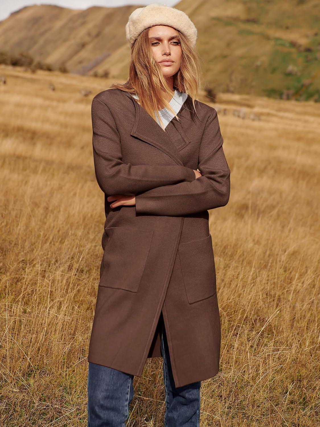 imageANRABESS Womens Cardigan Sweater Open Front Knit Long Coatigan Dressy Casual Jacket Coat 2025 Fall Outfits Classy ClothesBrown