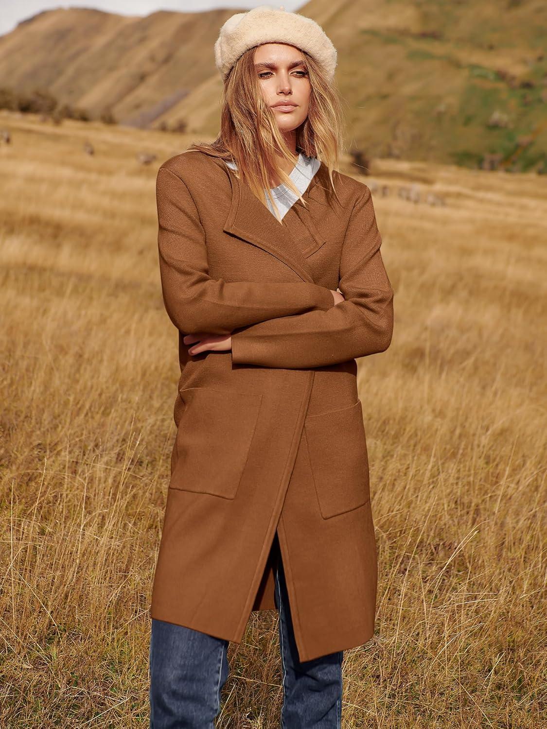 imageANRABESS Womens Cardigan Sweater Open Front Knit Long Coatigan Dressy Casual Jacket Coat 2025 Fall Outfits Classy ClothesCaramel